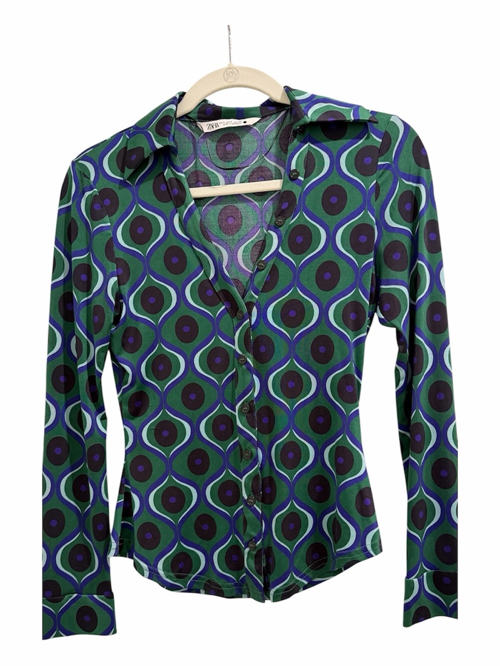 Zara Blouse Blue & Green Retro Geometric Button-Down Shirt Size Small Top